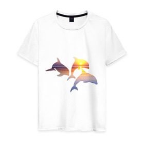 Мужская футболка хлопок с принтом Дельфины на закате в Курске, 100% хлопок | прямой крой, круглый вырез горловины, длина до линии бедер, слегка спущенное плечо. | дельфин | дельфины | дельфины на закате | закат | красивые дельфины | рыбы