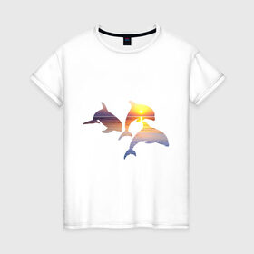 Женская футболка хлопок с принтом Дельфины на закате в Курске, 100% хлопок | прямой крой, круглый вырез горловины, длина до линии бедер, слегка спущенное плечо | дельфин | дельфины | дельфины на закате | закат | красивые дельфины | рыбы