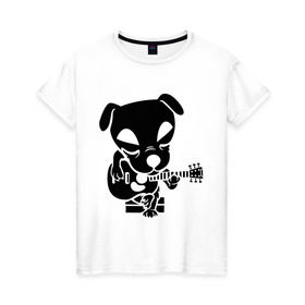 Женская футболка хлопок с принтом Собака играет на гитаре в Курске, 100% хлопок | прямой крой, круглый вырез горловины, длина до линии бедер, слегка спущенное плечо | Тематика изображения на принте: гитара