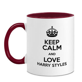 Кружка двухцветная с принтом Keep calm and love Harry Styles в Курске, керамика | объем — 330 мл, диаметр — 80 мм. Цветная ручка и кайма сверху, в некоторых цветах — вся внутренняя часть | 1d | harry styles | keep calm | music | one direction | гарри стайлс