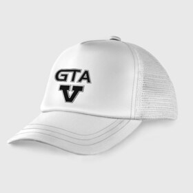 Детская кепка тракер с принтом GTA 5 в Курске, Козырек - 100% хлопок. Кепка - 100% полиэстер, Задняя часть - сетка | универсальный размер, пластиковая застёжка | five | grand theft auto | gta | gta 5 | logo | гта | гта пять | лого | логотип