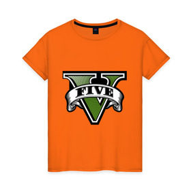 Женская футболка хлопок с принтом GTA five в Курске, 100% хлопок | прямой крой, круглый вырез горловины, длина до линии бедер, слегка спущенное плечо | five | grand theft auto | gta | gta 5 | logo | гта | гта пять | лого | логотип