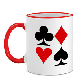 Кружка двухцветная с принтом Масти карт в Курске, керамика | объем — 330 мл, диаметр — 80 мм. Цветная ручка и кайма сверху, в некоторых цветах — вся внутренняя часть | poker | игра | игры | карточная игра | карты | масти карт | покер