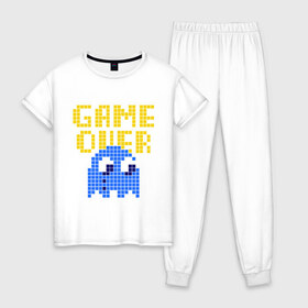 Женская пижама хлопок с принтом game over в Курске, 100% хлопок | брюки и футболка прямого кроя, без карманов, на брюках мягкая резинка на поясе и по низу штанин | pacman | игра окончена | игры | пакман | пиксели | пикселы