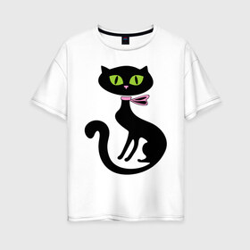 Женская футболка хлопок Oversize с принтом Милая кошечка в Курске, 100% хлопок | свободный крой, круглый ворот, спущенный рукав, длина до линии бедер
 | зеленые глаза | кошечка | кошка | черная кошка