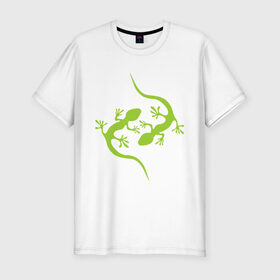 Мужская футболка премиум с принтом Ящерицы в Курске, 92% хлопок, 8% лайкра | приталенный силуэт, круглый вырез ворота, длина до линии бедра, короткий рукав | зеленый | ящерки | ящеры