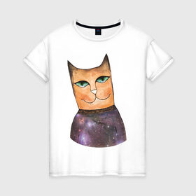 Женская футболка хлопок с принтом кот-космос в Курске, 100% хлопок | прямой крой, круглый вырез горловины, длина до линии бедер, слегка спущенное плечо | cat | cute | space | космос | кот | котейка | котик | мило
