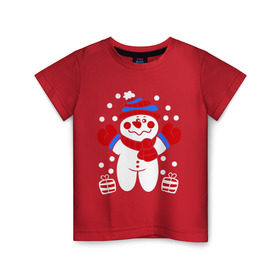 Детская футболка хлопок с принтом Снеговик в снегу в Курске, 100% хлопок | круглый вырез горловины, полуприлегающий силуэт, длина до линии бедер | Тематика изображения на принте: новый год | снеговик