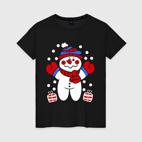 Женская футболка хлопок с принтом Снеговик в снегу в Курске, 100% хлопок | прямой крой, круглый вырез горловины, длина до линии бедер, слегка спущенное плечо | новый год | снеговик