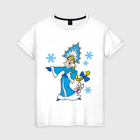 Женская футболка хлопок с принтом Снегурочка в Курске, 100% хлопок | прямой крой, круглый вырез горловины, длина до линии бедер, слегка спущенное плечо | девушкам | кролик | новый год | снег | снегурочка