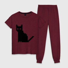 Женская пижама хлопок с принтом Пиксельный котик в Курске, 100% хлопок | брюки и футболка прямого кроя, без карманов, на брюках мягкая резинка на поясе и по низу штанин | 90 | cat | kitten | kitty | pixel | кот | котейка | котик | котики | пиксель
