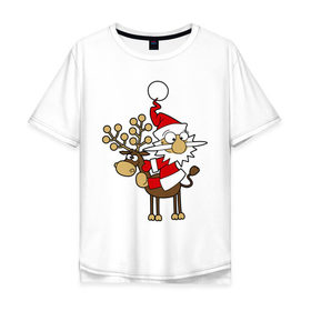 Мужская футболка хлопок Oversize с принтом Санта на олене. в Курске, 100% хлопок | свободный крой, круглый ворот, “спинка” длиннее передней части | happy | happy new year | new year | santa | santa clows | олень | рудольф | санта | санта клаус