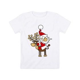 Детская футболка хлопок с принтом Санта на олене. в Курске, 100% хлопок | круглый вырез горловины, полуприлегающий силуэт, длина до линии бедер | happy | happy new year | new year | santa | santa clows | олень | рудольф | санта | санта клаус