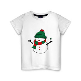 Детская футболка хлопок с принтом Снеговик в Курске, 100% хлопок | круглый вырез горловины, полуприлегающий силуэт, длина до линии бедер | зима | новый год | снег | снеговик | шапка | шарф