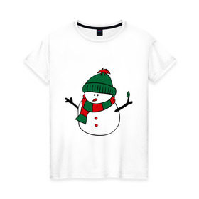 Женская футболка хлопок с принтом Снеговик в Курске, 100% хлопок | прямой крой, круглый вырез горловины, длина до линии бедер, слегка спущенное плечо | зима | новый год | снег | снеговик | шапка | шарф
