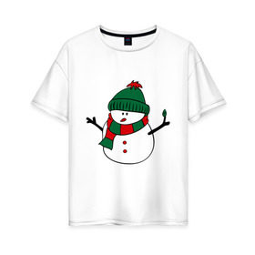 Женская футболка хлопок Oversize с принтом Снеговик в Курске, 100% хлопок | свободный крой, круглый ворот, спущенный рукав, длина до линии бедер
 | зима | новый год | снег | снеговик | шапка | шарф