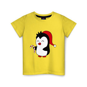 Детская футболка хлопок с принтом Новогодний пингвин. в Курске, 100% хлопок | круглый вырез горловины, полуприлегающий силуэт, длина до линии бедер | пингвин