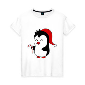 Женская футболка хлопок с принтом Новогодний пингвин. в Курске, 100% хлопок | прямой крой, круглый вырез горловины, длина до линии бедер, слегка спущенное плечо | пингвин