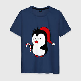 Мужская футболка хлопок с принтом Новогодний пингвин. в Курске, 100% хлопок | прямой крой, круглый вырез горловины, длина до линии бедер, слегка спущенное плечо. | Тематика изображения на принте: пингвин