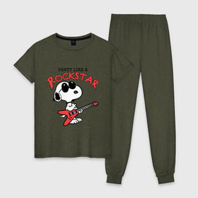 Женская пижама хлопок с принтом Snoopy Rockstar в Курске, 100% хлопок | брюки и футболка прямого кроя, без карманов, на брюках мягкая резинка на поясе и по низу штанин | гитара
