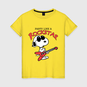 Женская футболка хлопок с принтом Snoopy Rockstar в Курске, 100% хлопок | прямой крой, круглый вырез горловины, длина до линии бедер, слегка спущенное плечо | гитара