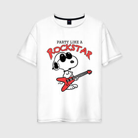Женская футболка хлопок Oversize с принтом Snoopy Rockstar в Курске, 100% хлопок | свободный крой, круглый ворот, спущенный рукав, длина до линии бедер
 | гитара