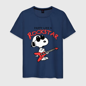 Мужская футболка хлопок с принтом Snoopy Rockstar в Курске, 100% хлопок | прямой крой, круглый вырез горловины, длина до линии бедер, слегка спущенное плечо. | Тематика изображения на принте: гитара