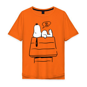 Мужская футболка хлопок Oversize с принтом Спящий Снупи в Курске, 100% хлопок | свободный крой, круглый ворот, “спинка” длиннее передней части | snoopy | домик | мультфильм | снупи | собака | спящий снупи