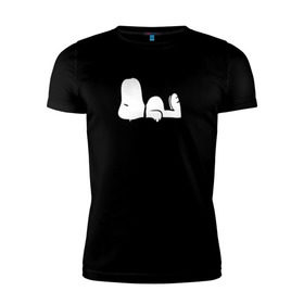 Мужская футболка премиум с принтом Спящий Снупи в Курске, 92% хлопок, 8% лайкра | приталенный силуэт, круглый вырез ворота, длина до линии бедра, короткий рукав | snoopy | домик | мультфильм | снупи | собака | спящий снупи