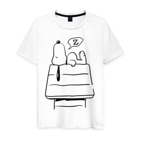Мужская футболка хлопок с принтом Спящий Снупи в Курске, 100% хлопок | прямой крой, круглый вырез горловины, длина до линии бедер, слегка спущенное плечо. | Тематика изображения на принте: snoopy | домик | мультфильм | снупи | собака | спящий снупи