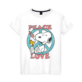 Женская футболка хлопок с принтом Мир и любовь в Курске, 100% хлопок | прямой крой, круглый вырез горловины, длина до линии бедер, слегка спущенное плечо | snoopy | мир и любовь | мультфильм | снупи | собака