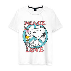 Мужская футболка хлопок с принтом Мир и любовь в Курске, 100% хлопок | прямой крой, круглый вырез горловины, длина до линии бедер, слегка спущенное плечо. | snoopy | мир и любовь | мультфильм | снупи | собака