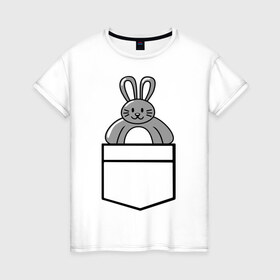 Женская футболка хлопок с принтом Зайчик в кармашке в Курске, 100% хлопок | прямой крой, круглый вырез горловины, длина до линии бедер, слегка спущенное плечо | животные | зайчик | карман | одежда | прикольные картинки