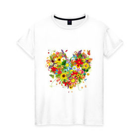 Женская футболка хлопок с принтом Сердце из полевых цветов в Курске, 100% хлопок | прямой крой, круглый вырез горловины, длина до линии бедер, слегка спущенное плечо | любовь | праздник | сердце из полевых цветов | счастье | цветы