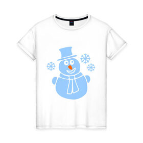 Женская футболка хлопок с принтом Веселый снеговичек в Курске, 100% хлопок | прямой крой, круглый вырез горловины, длина до линии бедер, слегка спущенное плечо | веселый снеговичек | зима | новый год | снеговик | снеговичек | снежинка