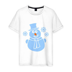 Мужская футболка хлопок с принтом Веселый снеговичек в Курске, 100% хлопок | прямой крой, круглый вырез горловины, длина до линии бедер, слегка спущенное плечо. | веселый снеговичек | зима | новый год | снеговик | снеговичек | снежинка