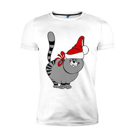 Мужская футболка премиум с принтом Кот в шапке в Курске, 92% хлопок, 8% лайкра | приталенный силуэт, круглый вырез ворота, длина до линии бедра, короткий рукав | киса | колпак | кот | кот в шапке | кошка | новый год | шапка