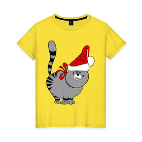 Женская футболка хлопок с принтом Кот в шапке в Курске, 100% хлопок | прямой крой, круглый вырез горловины, длина до линии бедер, слегка спущенное плечо | киса | колпак | кот | кот в шапке | кошка | новый год | шапка