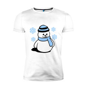 Мужская футболка премиум с принтом Снеговик в Курске, 92% хлопок, 8% лайкра | приталенный силуэт, круглый вырез ворота, длина до линии бедра, короткий рукав | зима | новый год | снег | снеговик | снежинки | шарф