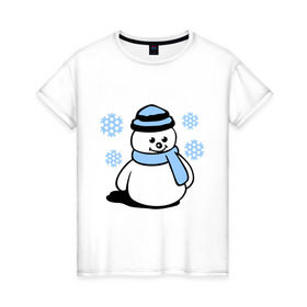 Женская футболка хлопок с принтом Снеговик в Курске, 100% хлопок | прямой крой, круглый вырез горловины, длина до линии бедер, слегка спущенное плечо | зима | новый год | снег | снеговик | снежинки | шарф