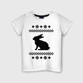 Детская футболка хлопок с принтом Свитер с зайцем в Курске, 100% хлопок | круглый вырез горловины, полуприлегающий силуэт, длина до линии бедер | заяц | свитер | свитер с зайцем | снежинки | узор
