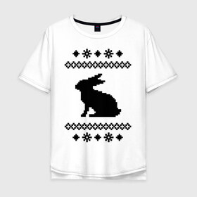 Мужская футболка хлопок Oversize с принтом Свитер с зайцем в Курске, 100% хлопок | свободный крой, круглый ворот, “спинка” длиннее передней части | заяц | свитер | свитер с зайцем | снежинки | узор