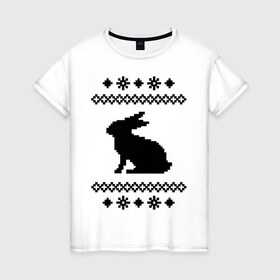 Женская футболка хлопок с принтом Свитер с зайцем в Курске, 100% хлопок | прямой крой, круглый вырез горловины, длина до линии бедер, слегка спущенное плечо | заяц | свитер | свитер с зайцем | снежинки | узор
