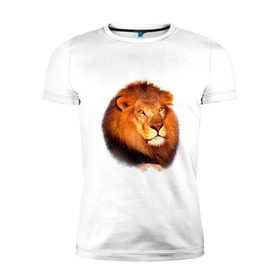 Мужская футболка премиум с принтом Лев в Курске, 92% хлопок, 8% лайкра | приталенный силуэт, круглый вырез ворота, длина до линии бедра, короткий рукав | animals | lion | mountain | животные | лев | прикольные картинки