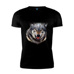 Мужская футболка премиум с принтом Волк в Курске, 92% хлопок, 8% лайкра | приталенный силуэт, круглый вырез ворота, длина до линии бедра, короткий рукав | animals | mountain | wolf | волк | животные | прикольные картинки