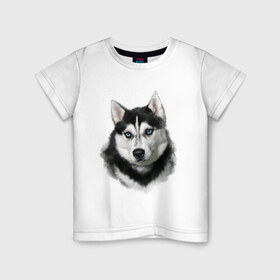 Детская футболка хлопок с принтом Хаски в Курске, 100% хлопок | круглый вырез горловины, полуприлегающий силуэт, длина до линии бедер | Тематика изображения на принте: animals | dog | mountain | животные | прикольные картинки | собака | хаски