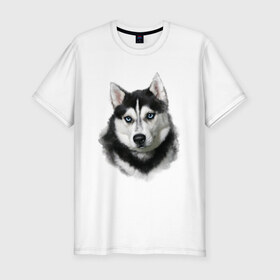 Мужская футболка премиум с принтом Хаски в Курске, 92% хлопок, 8% лайкра | приталенный силуэт, круглый вырез ворота, длина до линии бедра, короткий рукав | animals | dog | mountain | животные | прикольные картинки | собака | хаски