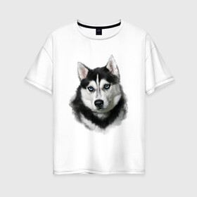 Женская футболка хлопок Oversize с принтом Хаски в Курске, 100% хлопок | свободный крой, круглый ворот, спущенный рукав, длина до линии бедер
 | animals | dog | mountain | животные | прикольные картинки | собака | хаски