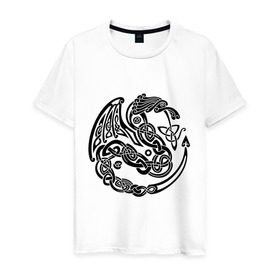 Мужская футболка хлопок с принтом Кельтский дракон в Курске, 100% хлопок | прямой крой, круглый вырез горловины, длина до линии бедер, слегка спущенное плечо. | вязь | дракон | кельтский | кельты | трайбл | узор