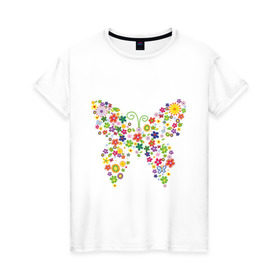 Женская футболка хлопок с принтом Бабочка из цветов в Курске, 100% хлопок | прямой крой, круглый вырез горловины, длина до линии бедер, слегка спущенное плечо | бабочка | цветочек